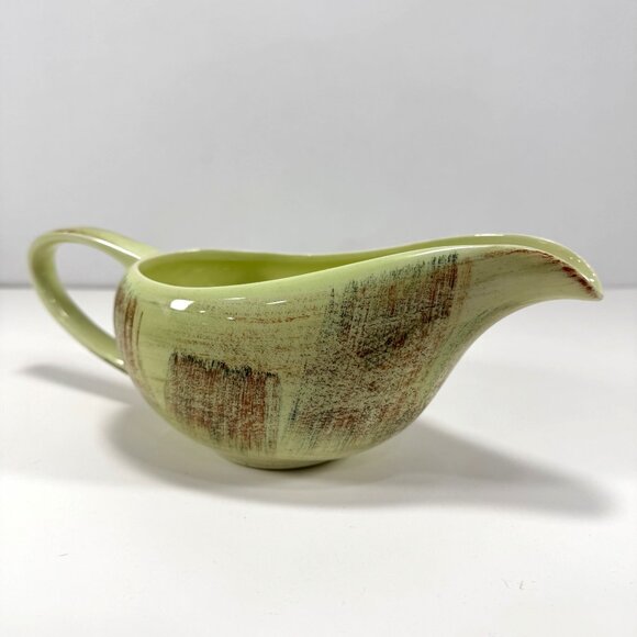 Vintage Vernon Ware Raffia Gravy Boat Green Brown Mid Century MCM - Picture 1 of 13